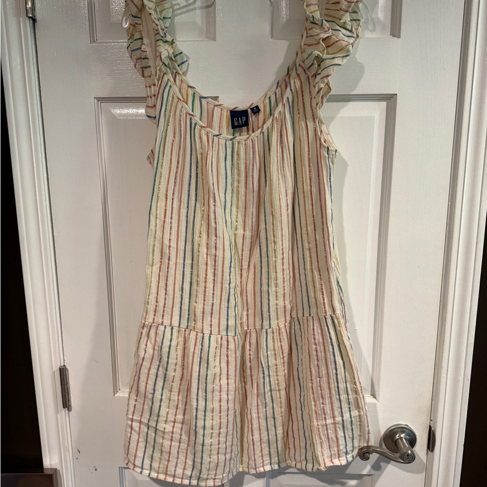 GAP Cream Multi-Color Striped Ruffle Strap Dress